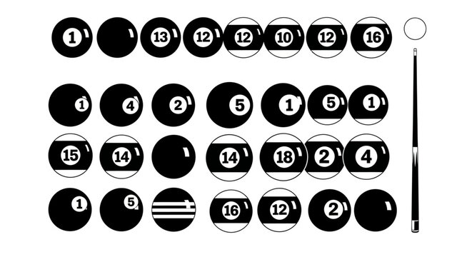 Monochromatic billiard balls and cue stick vector illustration.