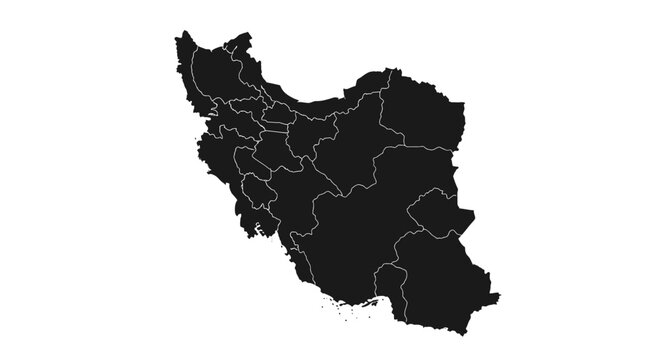 Iran map with provinces, black silhouette on white background.