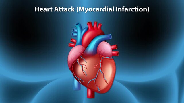 Medical animation showing heart attack and myocardial infarction with blood clot formation in coronary artery.
