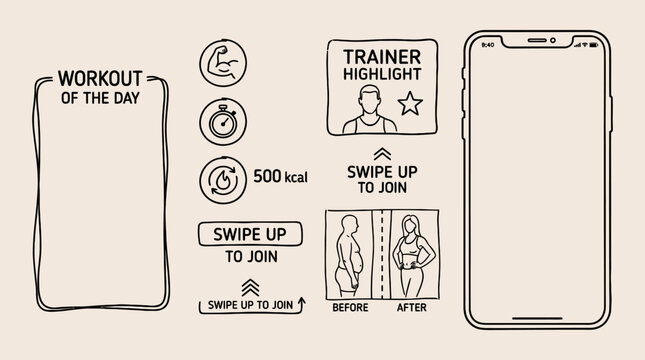 workout of the day fitness app interface wireframe sketch with trainer highlight swipe ui ux mobile design template before after transformation