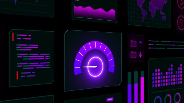 Dark interface design featuring various technical data modules, bar graphs, and performance indicators for business.