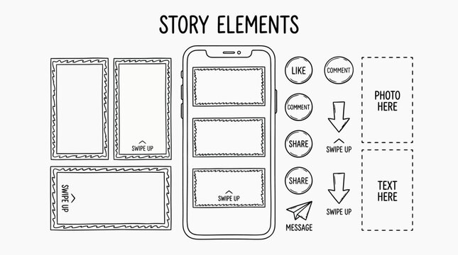 social media story elements wireframe template with editable frames icons buttons and placeholders for mobile app interface design user experience layout concept
