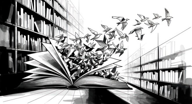 Black and white illustration of open book with birds flying from pages in a library