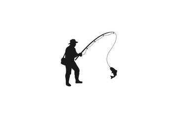 Fototapeta premium Fisherman with Fishing Rod and Fish Silhouette
