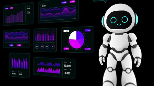 Friendly robot standing in front of a wall of digital data screens featuring pie charts and performance metrics.