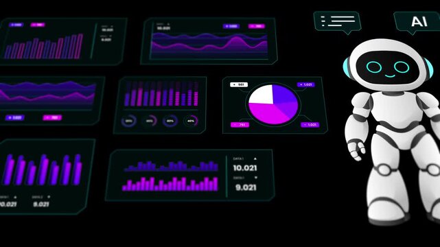 Side view of a white robot interacting with floating digital info panels and technical charts in a dark environment.
