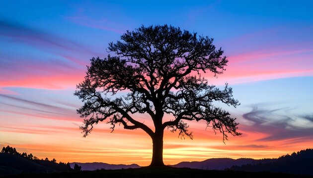 Silhouette of a solitary, sprawling tree against a vibrantly colored sunset sky. Hills are barely visible in the distance