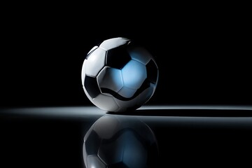 Fototapeta premium A classic black and white soccer ball resting on a reflective surface with dramatic lighting