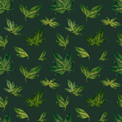 Fototapeta premium Watercolor botanical seamless pattern with small green leaves arranged in a dense organic layout. Soft hand-painted texture, natural rhythm ideal for fabric, packaging,organic, modern surface design.