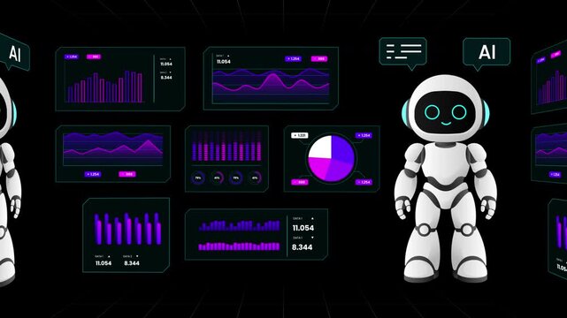 Robot character managing various digital data modules and statistical information panels for business efficiency.
