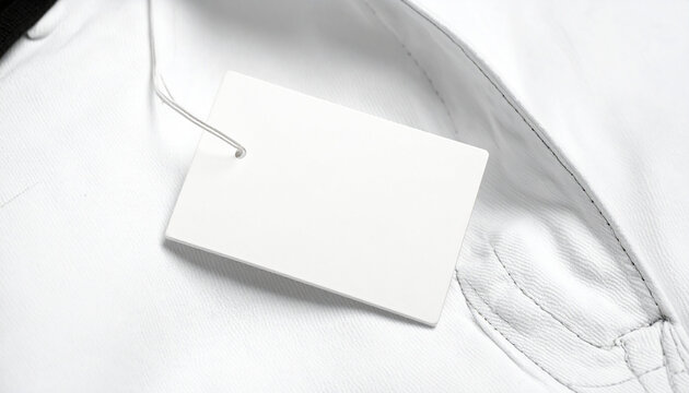 White rectangular tag with string attached to the seam of white denim jeans