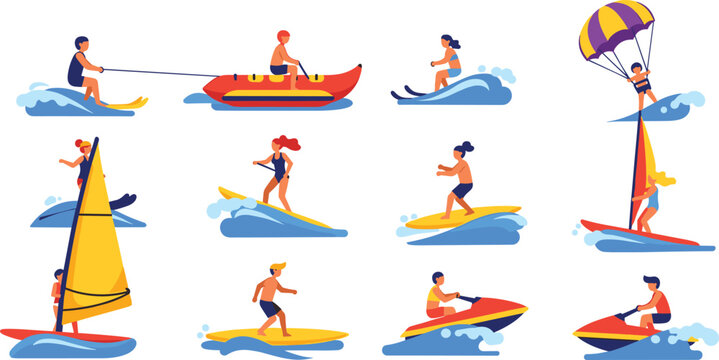 Water sports activities collection with surfing sailing skiing and parasailing cartoon vector illustration set