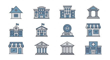 Fototapeta premium Collection of diverse building icons representing various institutions and businesses.