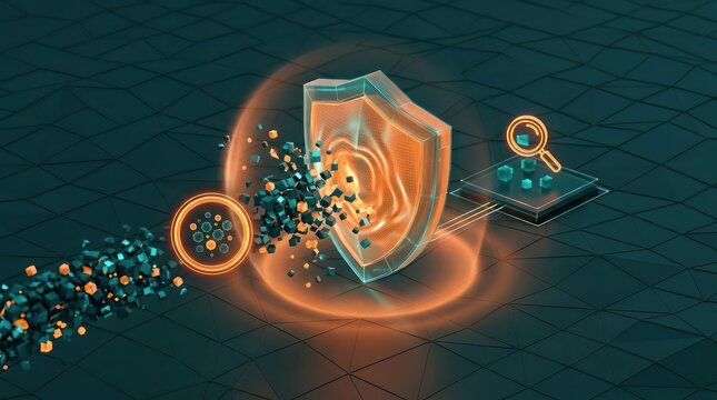 Digital shield intercepting fragmented data stream with containment ring and inspection icon on dark teal technology background with copy space