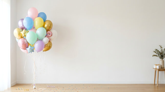 Colorful balloon arrangement on a white floor background, repres