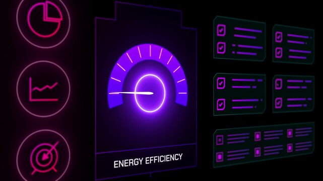 Close up of a digital interface showing an energy efficiency speedometer and technical system data panels.
