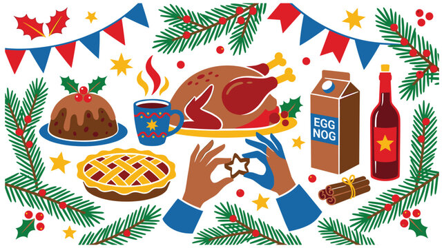 Holiday dinner feast with turkey eggnog and festive seasonal decorations.