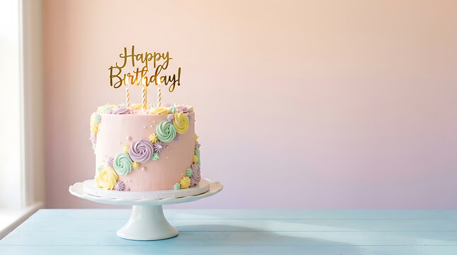 Pastel birthday cake with golden 'Happy Birthday' topper on a wh