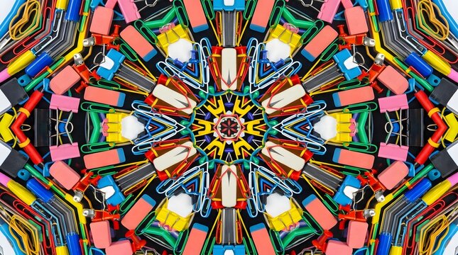 Vibrant kaleidoscope pattern created with various office supplies and stationery.
