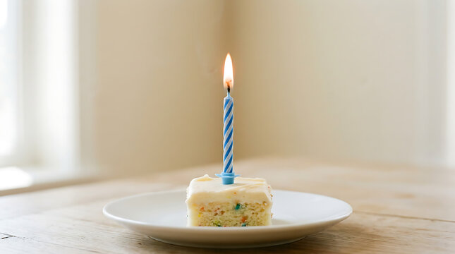 Slice of cake topped with a lit candle, representing a sweet cel