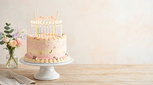 Birthday cake with lit candles and fresh flowers on a white pede