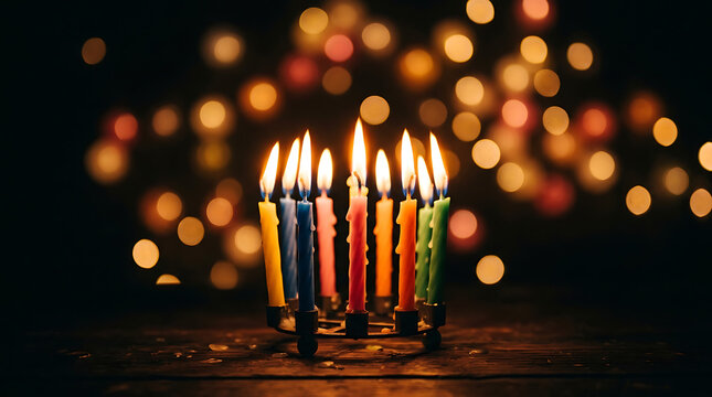 Warm glowing candles on a wooden surface, perfect for winter cel