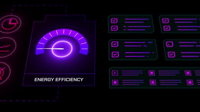 Digital dashboard highlighting energy efficiency performance with peripheral technical data and status symbols.