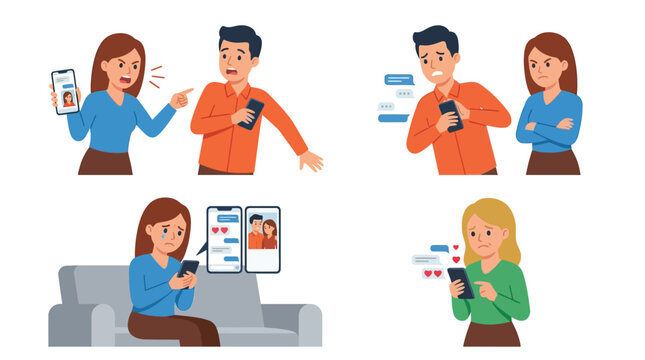Four illustrations showing different emotional reactions and social interactions related to mobile phone use, including arguments, sadness, jealousy, and happiness.