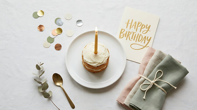 Gold birthday cake and confetti celebration setup on a white tab