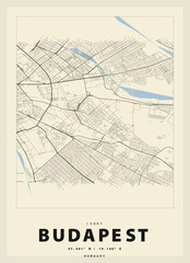 Fototapeta premium Budapest Hungary Minimal City Map Poster Vintage Retro Travel Print 