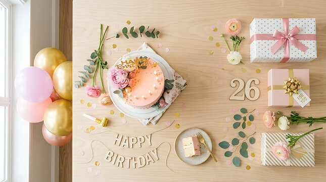 Birthday celebration setup with balloons and gifts for a 26th bi