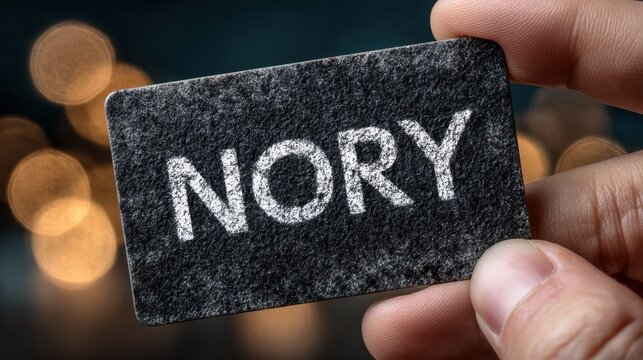 Hand Holding a Chalkboard Label with the Word NORY Against a Soft Bokeh Background in Low Light Setting