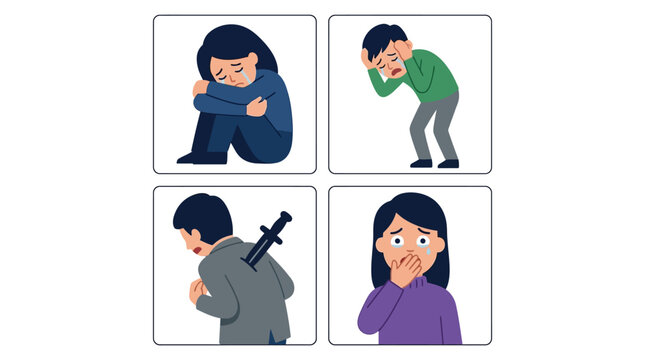 Four panels illustrating various negative human emotions and experiences, including sadness, distress, betrayal, and shock.