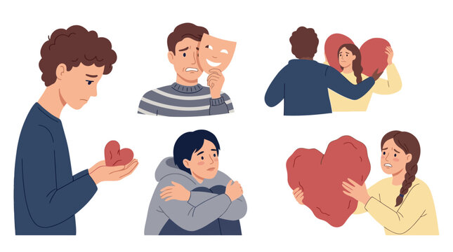 Illustrations depicting various emotional struggles, including heartbreak, hidden sadness, loneliness, and relationship challenges among young adults.