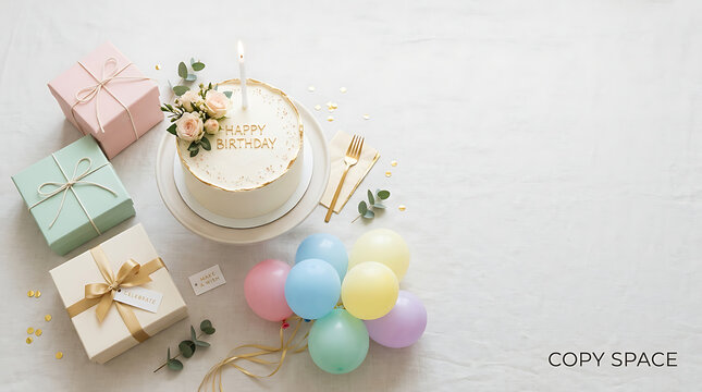Birthday celebration setup with a cake and wrapped gifts and bal