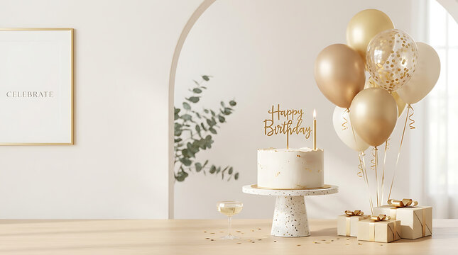 Elegant birthday celebration setup with gold balloons and cake