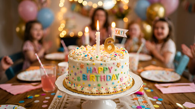 Joyful birthday celebration with a colorful cake and happy frien