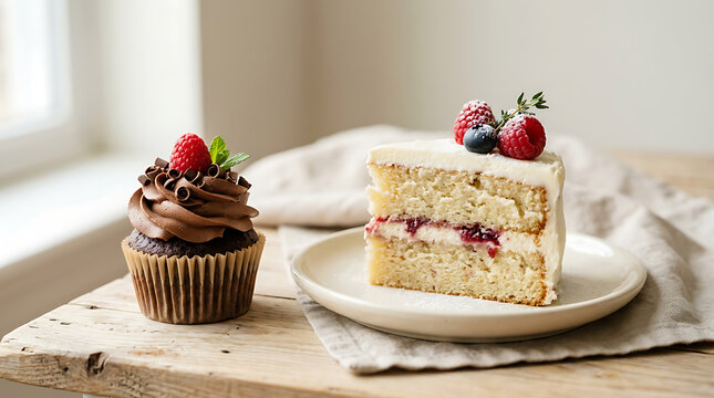 Fresh strawberry slice of cake with a chocolate cupcake and rasp