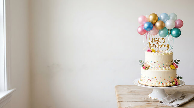 Colorful birthday cake with balloons on a wooden table
