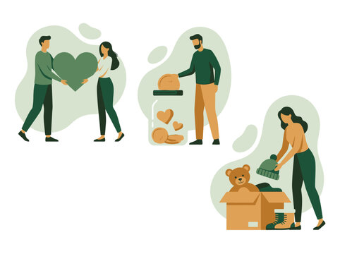Charity and Donation Concept Vector Illustrations with People Giving Money, Clothes, Toys, and Support for Community Welfare