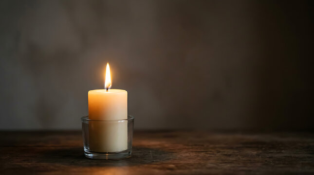 Warm glass candle in a clear container, representing a cozy stil