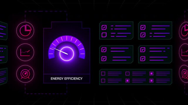 Dashboard showing energy efficiency status with interactive icons for smart home and industrial power management.
