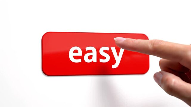 Human finger presses a red Easy button. Red easy button on white background front view. Choose the easy way. Inspiration,business,action concept