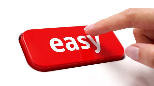 Human finger presses a red Easy button. Red easy button on white background front view. Choose the easy way. Inspiration,business,action concept