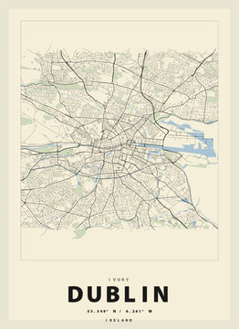 Dublin Ireland Minimal City Map Poster Vintage Retro Travel Print