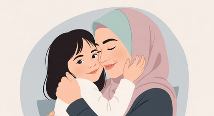 Obraz premium Mother and daughter hugging Muslim family love illustration for greeting cards and childrens books