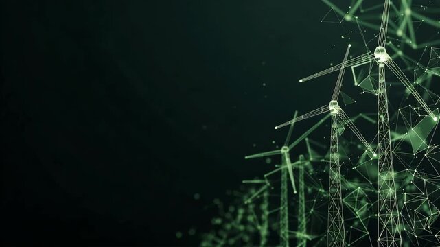 3D glowing green wireframe wind turbines and digital network nodes on a dark background. Abstract render representing smart grids, renewable energy, sustainability, and futuristic technology concepts.