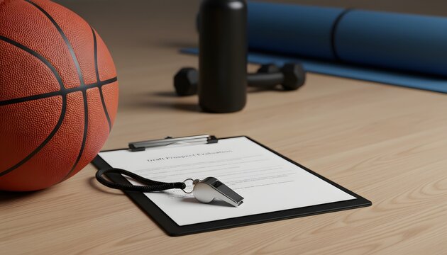 Professional basketball and fitness exercise equipment with a scouting clipboard and whistle for a WNBA draft competition concept on a wooden gym floor