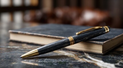 Naklejka premium Elegant black pen resting on a leather-bound notebook atop a polished marble surface in a cozy office setting