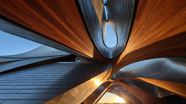 Cinematic low-angle shot looking up at a modern architectural structure with layered, wing-like metallic panels and warm wood-toned undersides